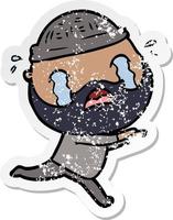 distressed sticker of a cartoon bearded man crying vector