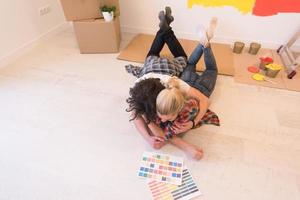 Happy young couple relaxing after painting photo