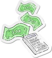 retro distressed sticker of a cartoon calculator counting money vector