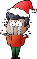 gradient cartoon of a crying man wearing santa hat vector