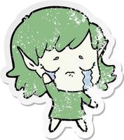distressed sticker of a cartoon crying elf girl vector