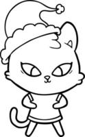 cute line drawing of a cat wearing santa hat vector