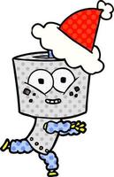 happy comic book style illustration of a robot wearing santa hat vector