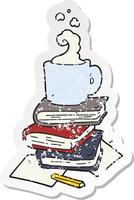 retro distressed sticker of a cartoon books and coffee cup vector