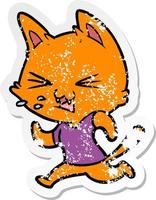 distressed sticker of a cartoon running cat hissing vector