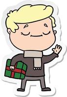 sticker of a cartoon man carrying christmas present waving vector