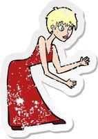 retro distressed sticker of a cartoon woman in dress gesturing vector