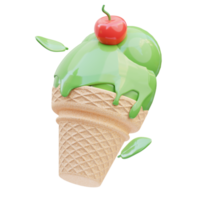 Melted matcha ice cream cone 3d illustration, 3d rendering png