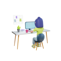 A girl is working in front of a computer high quality 3d render work from home illustration png