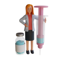 3d female doctor carrying a large vaccine injection character illustration png