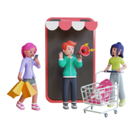 3d-charakter, der digitales marketing mobile online-shopping-illustration modelliert png