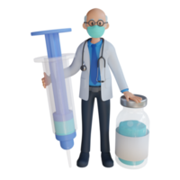 3d médico senior masculino con una máscara que sostiene una ilustración de diseño de personajes de inyección de vacuna