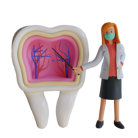 3d female doctor wearing a mask presenting the inside of the tooth character design illustration png