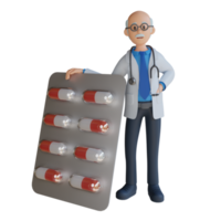 Médecin senior 3d transportait des médicaments dans l'illustration du personnage de la capsule de la tablette png