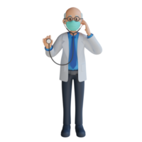 3d manlig senior läkare bär en mask innehav en stetoskop karaktär design illustration png