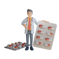 Un médecin de sexe masculin 3d transportait des médicaments dans une illustration de personnage de capsule de comprimé png