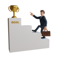 l'homme d'affaires monte les escaliers pour atteindre l'illustration du personnage 3d du caractère de l'objectif