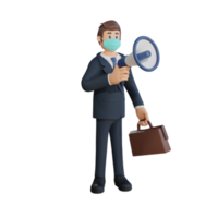 Business man wearing a mask protesting with a megaphone character illustration 3d rendering png