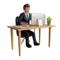 empresário trabalhando na frente da ilustração de personagem 3d de personagem de computador png