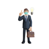 Business man wearing a mask having a good idea character illustration 3d rendering png