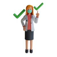 médica usando uma máscara com o ícone de escolha certa ilustração de personagem 3d png