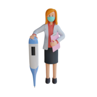 ärztin, die eine maske trägt, die ein thermometer hält 3d-charakterillustration png