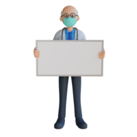 Male doctor wearing a mask presenting with the board 3d character illustration png