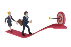 hombre de negocios y mujer corriendo hacia el personaje objetivo usando máscara ilustración de personaje 3d png