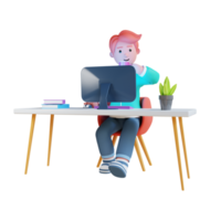um homem está trabalhando na frente de um computador bebendo café renderização 3d de alta qualidade png