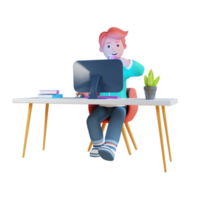 A man is working in front of a computer drinking coffee high quality 3d render png