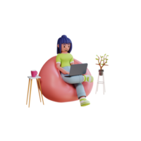 A girl is working with laptop high quality 3d render work from home illustration png