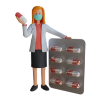 3d female doctor wearing a mask holding a medicine tablet character design illustration png