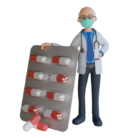 3d male senior doctor wearing a mask holding a medicine tablet character design illustration png