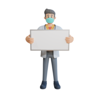 3d male doctor with mask holding a blank white board character illustration png