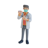 3d mannetje dokter vervelend een masker Holding een vaccin injectie karakter ontwerp illustratie png