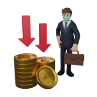 homme d'affaires portant des masques est triste avec la baisse du taux de change illustration de caractère 3d png