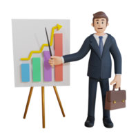 Businessman presenting up chart character 3d character illustration png
