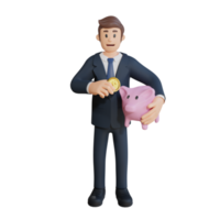 Businessman saving pennies character 3d character illustration png