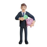 Businessman saving paper money character 3d character illustration png