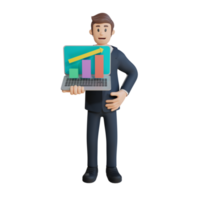 hombre de negocios que muestra el gráfico en el personaje de la computadora portátil ilustración de personaje 3d png