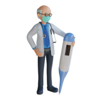 médecin de sexe masculin portant un masque tenant un grand thermomètre illustration de personnage 3d png