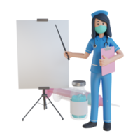 infermiera indossare maschera spiegare vaccino con un' vuoto bianca tavola 3d personaggio illustrazione png
