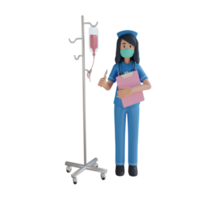 infirmière portant un masque debout près du pôle de perfusion illustration de personnage 3d png