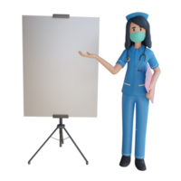 verpleegster slijtage masker leg uit met een blanco wit bord 3d karakter illustratie png