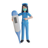 Nurse wear mask holding big thermometer 3d character illustration png