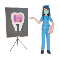 krankenschwester trägt eine maske, die die 3d-charakterillustration der inneren zähne erklärt png