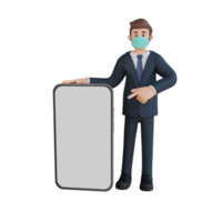 Business man standing with a blank screen smartphone character wearing mask 3d character illustration png