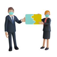 Businessman and woman putting together a puzzle character wearing mask 3d character illustration png