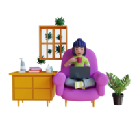 Self isolation girl using laptop corona virus 3d illustration rendering png