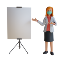 3d female doctor wearing a mask presenting a blank white sheet character design illustration png